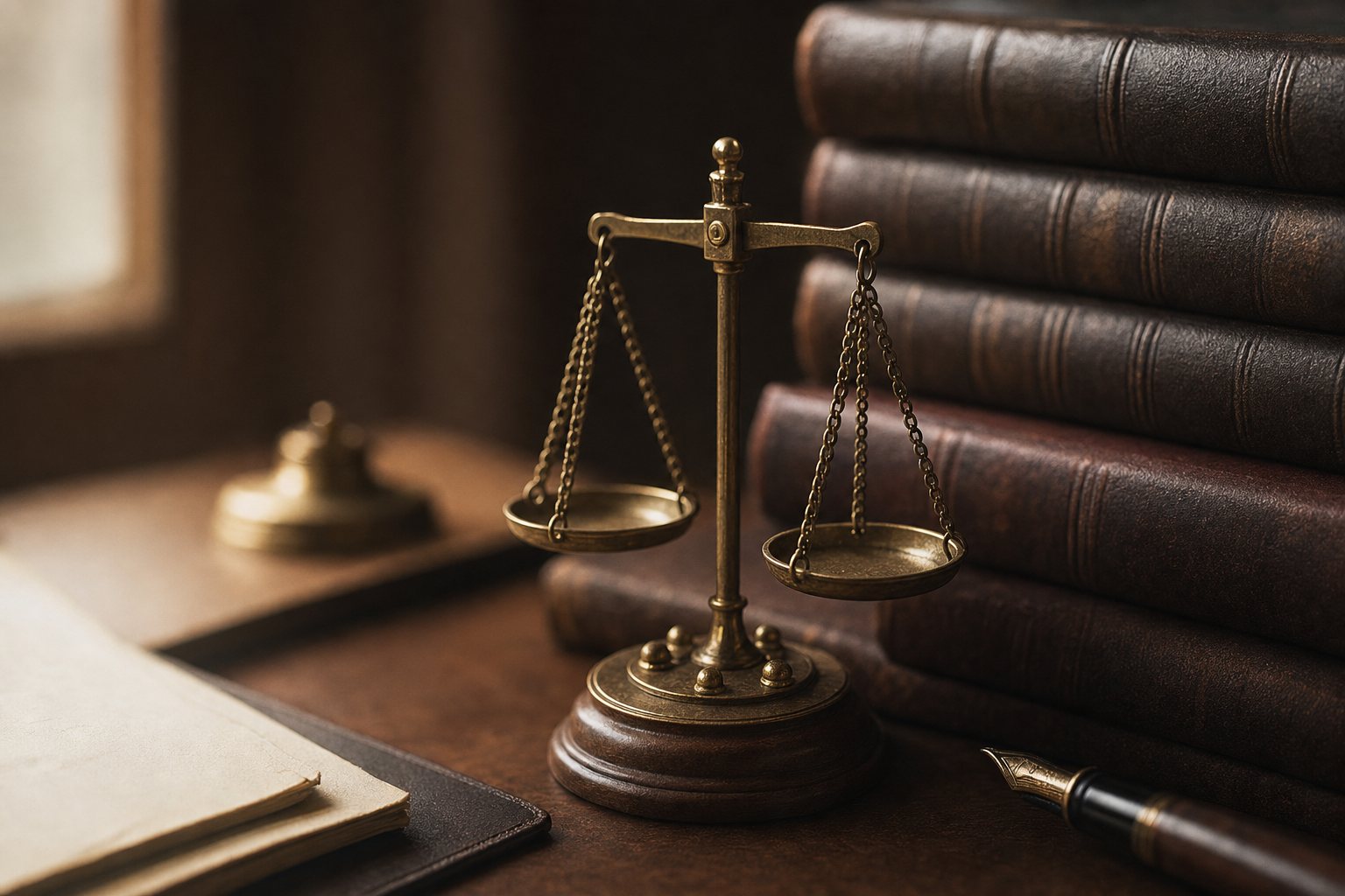 Brass balance scale beside leather-bound law books on a walnut desk