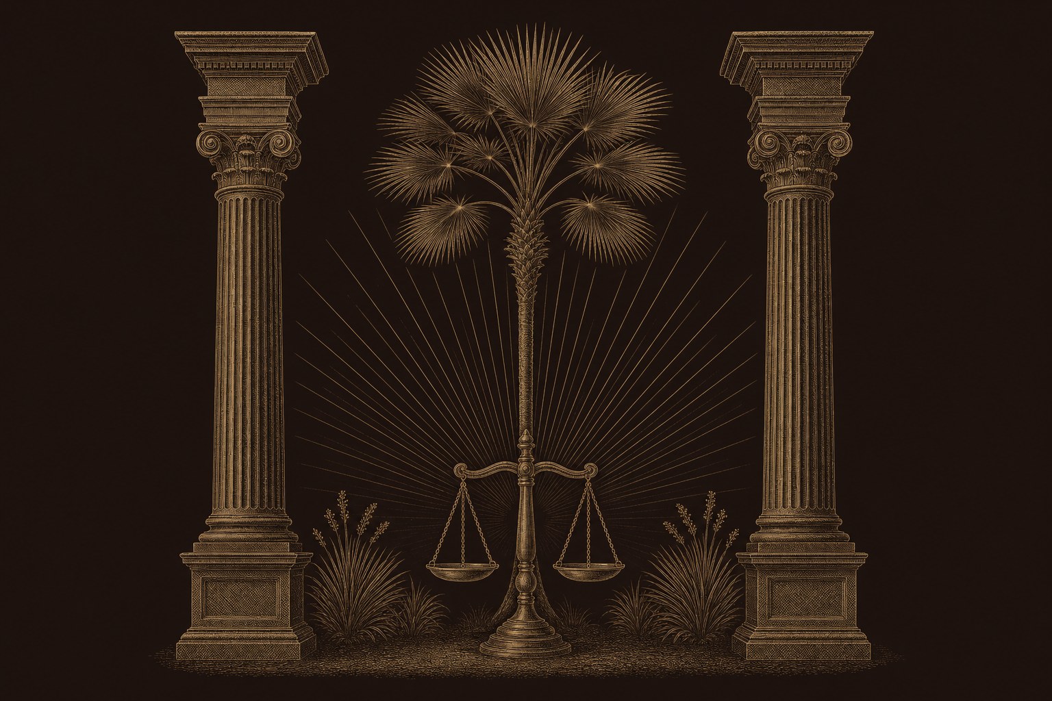 Engraved illustration of two classical columns flanking a palm and a balance scale