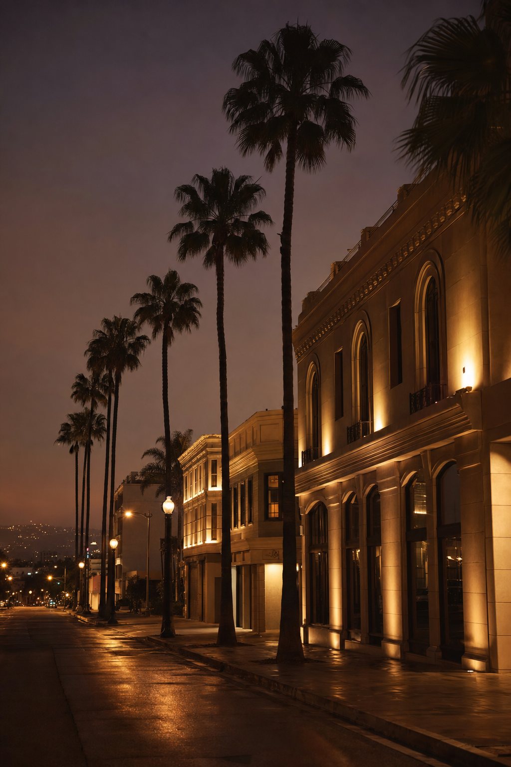 Palm-lined Beverly Hills boulevard at dusk